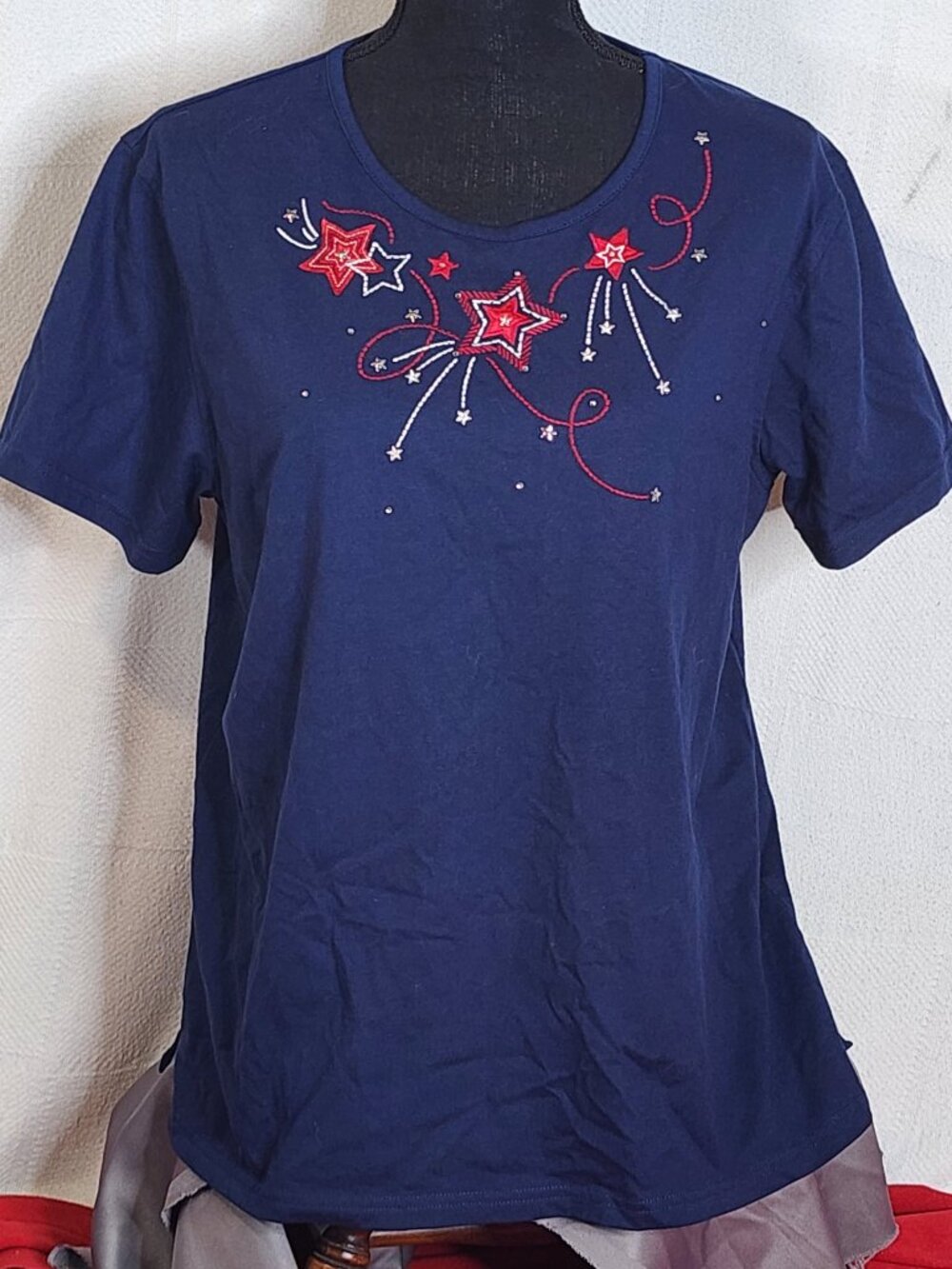 Studio Works Navy Blue Red White Silver Embroidered Stars Cotton Poly SS Tee XL